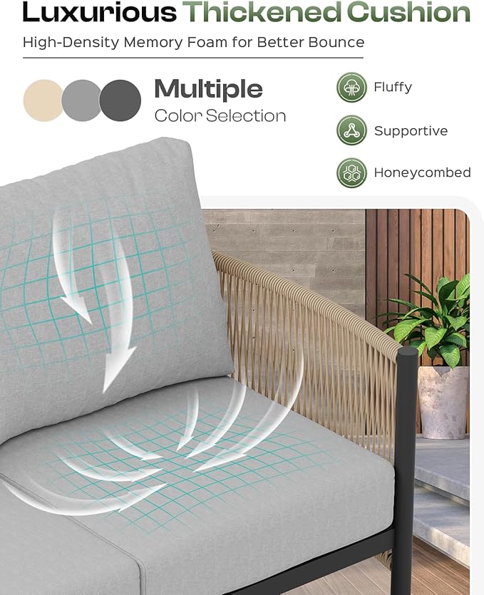 Aluminum Outdoor Patio Furniture Set with Dual-Layer Coffee Table, 4 Piece Modern Patio Conversation Sets with PE Rope, Outdoor Sectional Sofa with Thick Cushions for Balcony, Porch, Gray