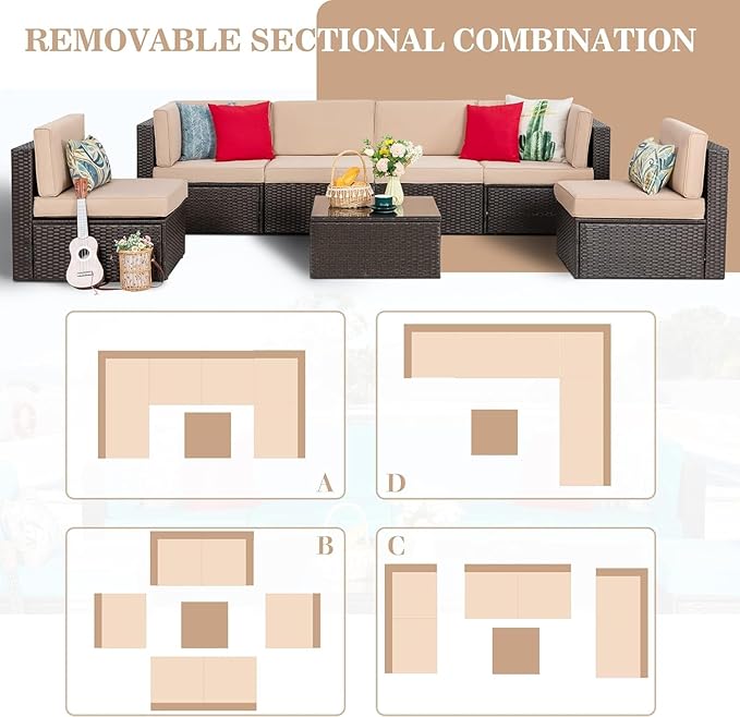 Vongrasig 7 Pieces Patio Furniture Sets, Outdoor Patio Conversation Set PE Rattan Wicker Sectional Sofa Couch with Glass Coffee Table for Garden, Poolside, Backyard, Beige