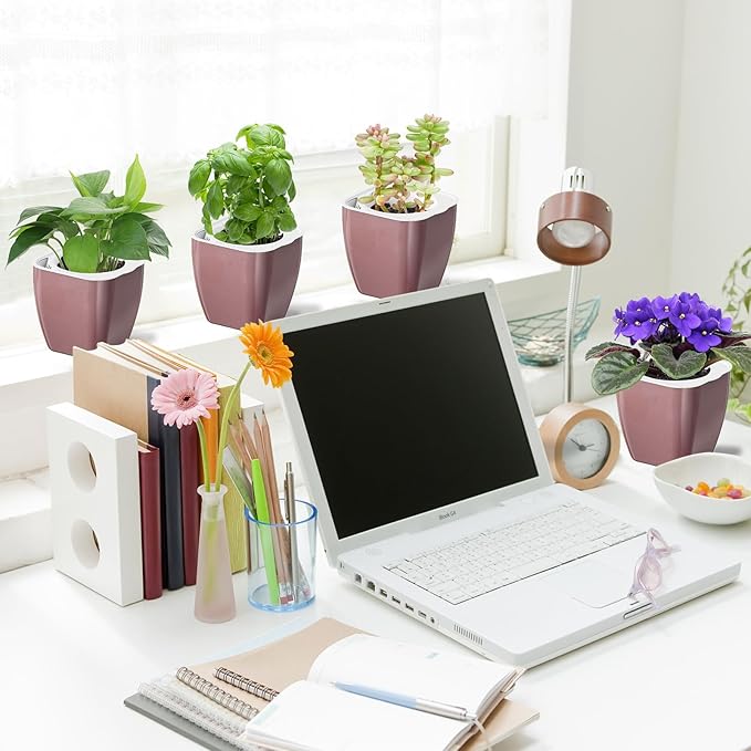 8 Pack Self Watering Pots 4-inch Decorative Flower Planters for Indoor Plants Modern Square planters for Small Plants Window Sill Planters for Succulents, African Violets, Herbs(Rose Gold)