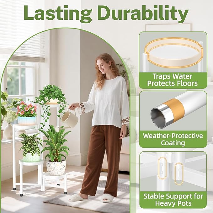 iDavosic.ly Plant Stand Indoor Outdoor, 4 Tier Corner Metal Flower Display Holder Shelf, Easy Assembly Folding Tall Orchid Rack for Patio Balcony Porch Garden Living Room House, White