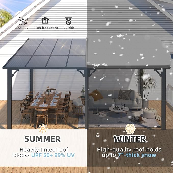 AECOJOY 16' x 12' Gazebo Outdoor Pergola for Patio, 12x16 Large Wall-Mounted Hard Top Lean to Metal Gazebo Shelter Pergolas and Gazebos Clearance with Patio Roof, Heavy Duty Awnings for Decks