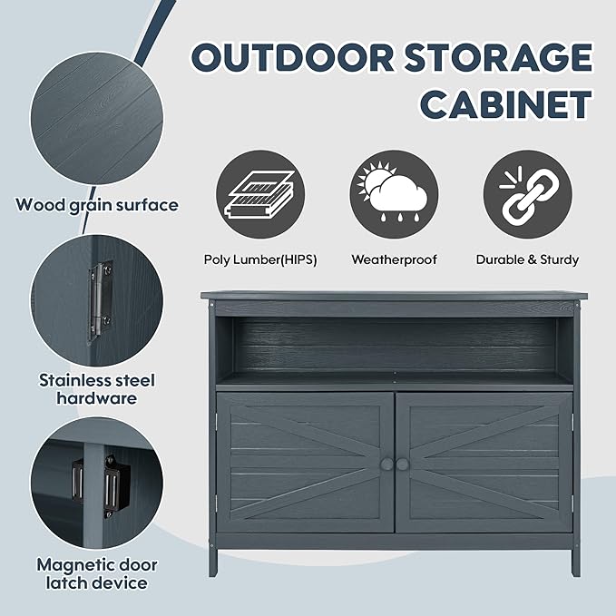 HIPS All-Weather Outdoor Storage Cabinet,Outdoor Sideboard with Magnetic Doors,3-Shelves Patio Storage Cabinet, Used for Garden,Buffet Cabinet,TV Stand, Bar Table,Balcony