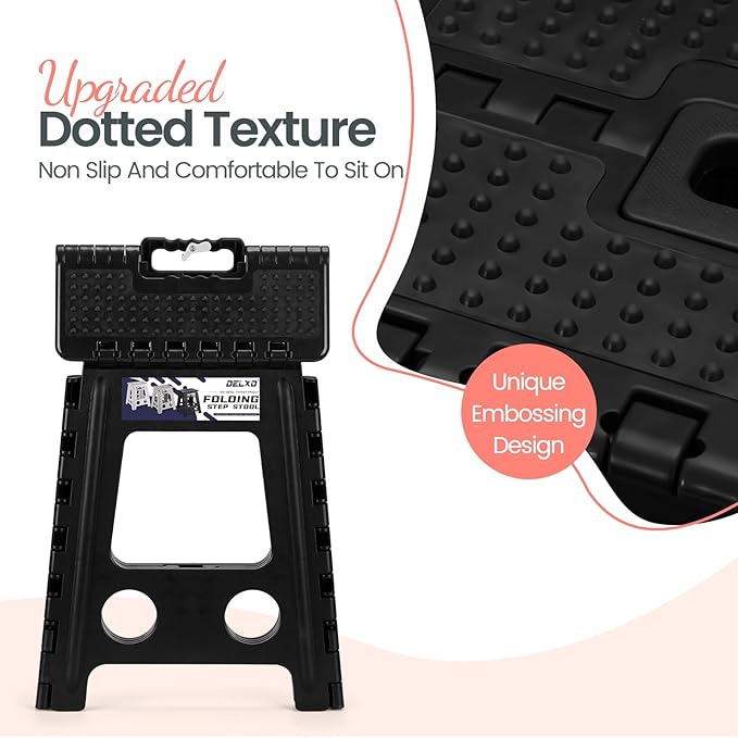 Delxo Folding Step Stool 16 Inch,Non-Slip Foldable Stools for Adults Up to 300 LBS,Kitchen Collapsible Fold Up Stepping Stool with Dotted 1 Pack,Black