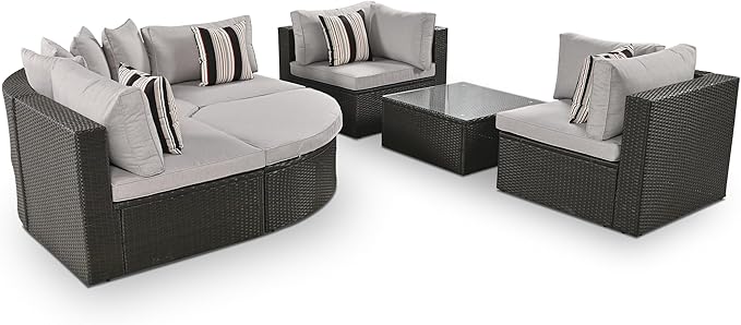 Merax 7-Piece Outdoor Wicker Sectional Sofa Set,Modular Rattan Conversation Set with Gray Cushions,Striped Green Pillows & Tempered Glass Coffee Table for Patio,Garden,Deck,Brown
