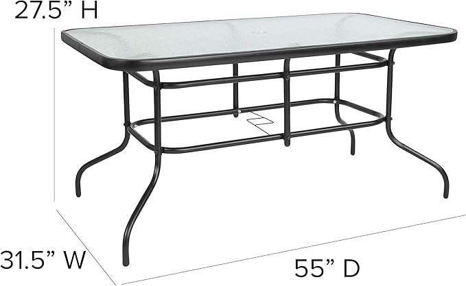 Flash Furniture Tory 31.5" x 55" Rectangular Tempered Glass Metal Patio Table with Umbrella Hole, Modern Rippled Glass Outdoor Dining Table, Black