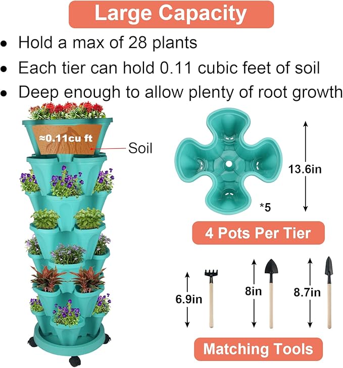 GameXcel Vertical Planter 7 Tier Stackable Planters Garden Planters Strawberry Herb Flower and Vegetable Planter Indoor Outdoor Gardening Pots with Removable Wheels and Tools-Teal 2 Pack