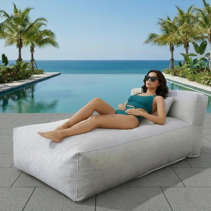 Outdoor Bean Bag Lounger Chair, Big Comfy Outdoor Daybed for Sunbathing and Tanning - Water-Resistant Patio Chaise and Pool Sun Lounger Furniture for Beach Deck (Light Grey)