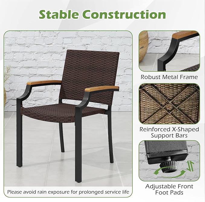 Tangkula 9 Piece Patio Dining Set, 79” Rectangular Outdoor Dining Table with Acacia Wood Top & Umbrella Hole, 8 Stackable Rattan Armchairs, for Backyard Garden Poolside