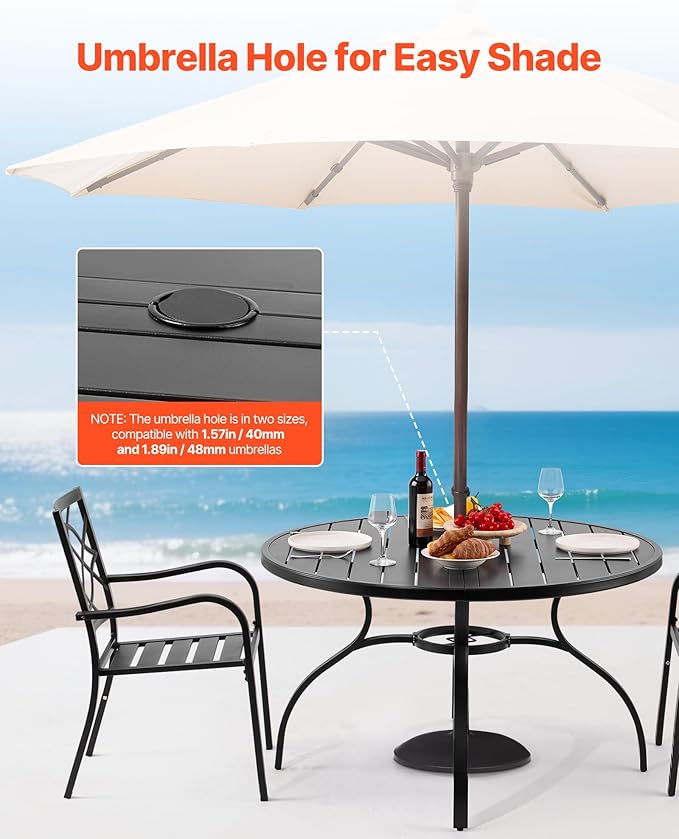 VEVOR Outdoor Patio Dining Table, 47 inch Round Metal Steel Slat Backyard Bistro Tables, with 1.5 in Umbrella Hole, Outside All-Weather Large Furniture for Lawn Garden Porch, Black