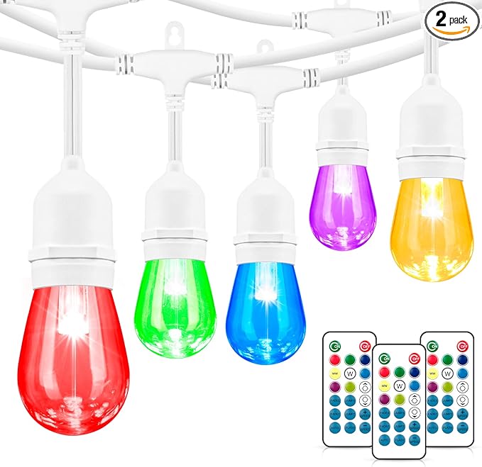 Mlambert 96Ft(2x48ft) Outdoor Patio Lights, RGB Cafe String Lights with Remote Control and 30+5 Dimmable LED Bulbs for Backyard Graden-White 2 Pack