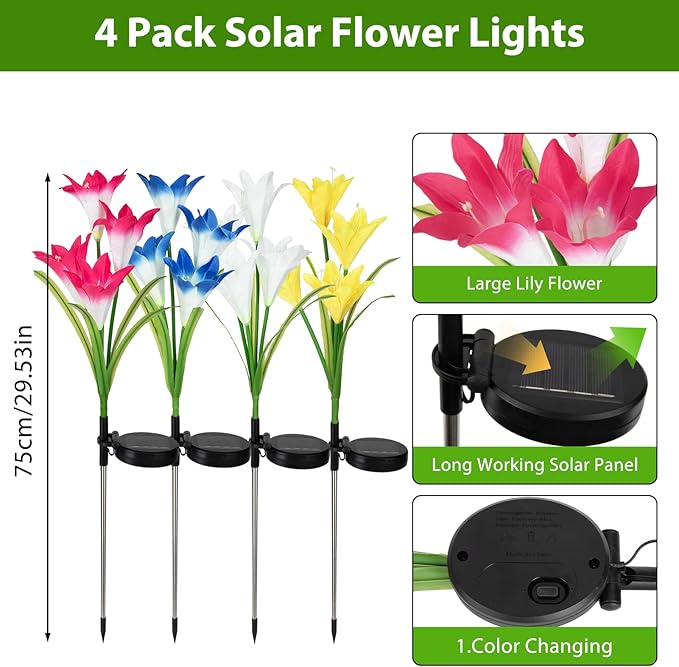 echosari 4 Pack Color Changing Solar Lights Outdoor Waterproof, Solar Lily Flower Stake Lights Auto ON/Off Solar Garden Lights for Lawn Pathway Landscape Garden Gifts for Mom Women Grandma