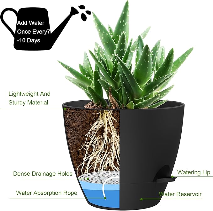 12 Inch Large Self Watering Pots, Flower Pots with Multi-Mesh Drainage Holes and Saucer, Planters for Indoor and Outdoor Garden Plants (Black)