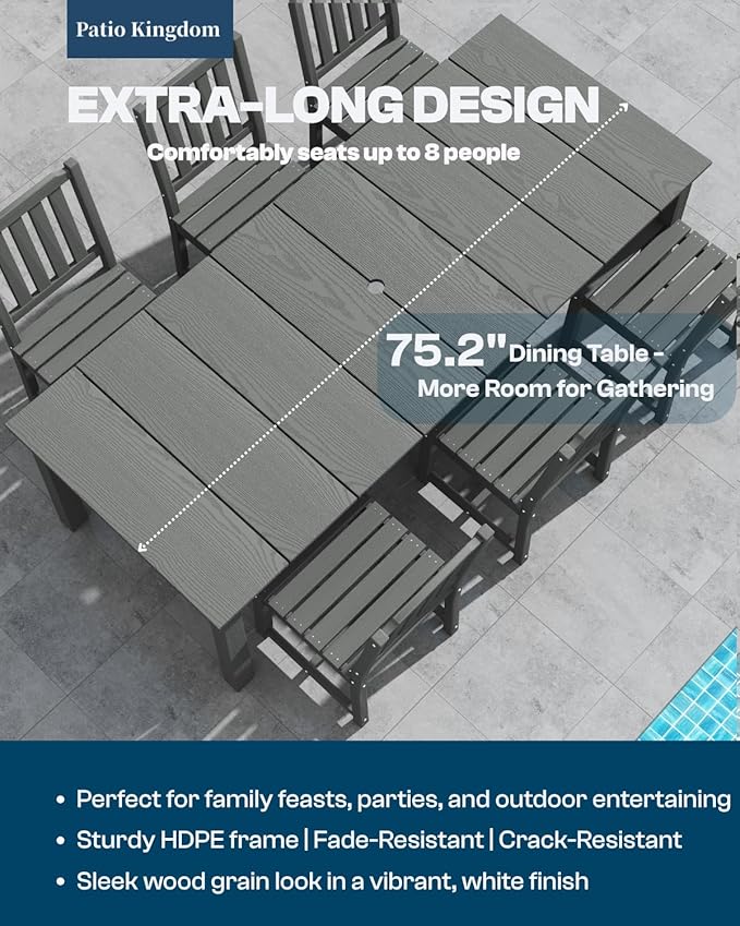 9-Piece Grey Outdoor Dining Set with Beige 11FT Large Patio Umbrella, 75.2'' HDPE Table & Chairs for 8, Weather-Resistant Furniture with Umbrella Hole for Patio, Lawn, Poolside