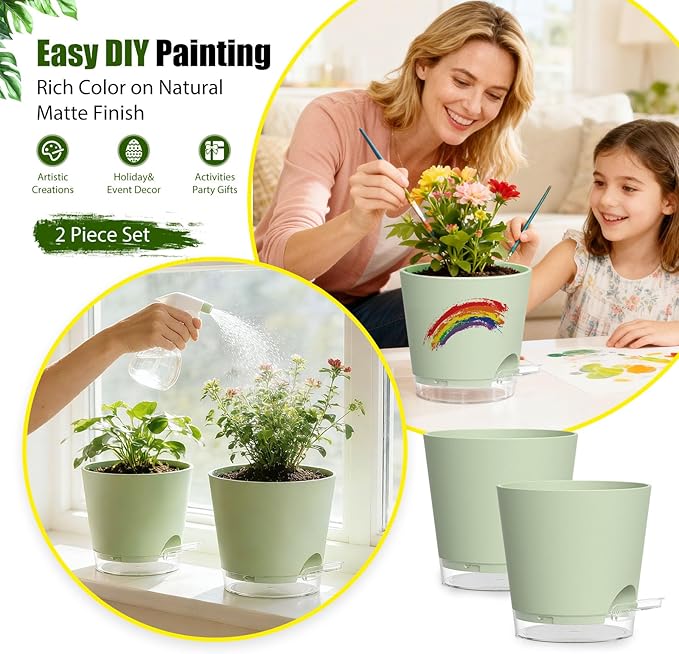 Plant Pots 8 Inch Self Watering Pots, 2 Pack Plastic Planters with Drainage Holes and Clear Saucers,Plastic Flower Pots for Indoor Out Door Plants (Green)