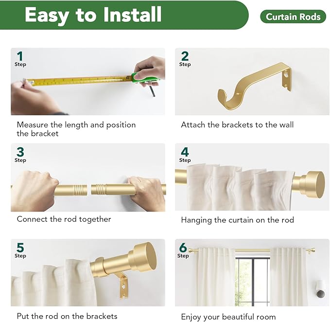 Time Forest Curtain Rods for Windows 28 to 48, 1 Inch Adjustable Gold Heavy Duty Long Window Curtain Rod for Bedoom Living Room, Modern Drapery Rods with Simple End Caps, Size 32"-60"