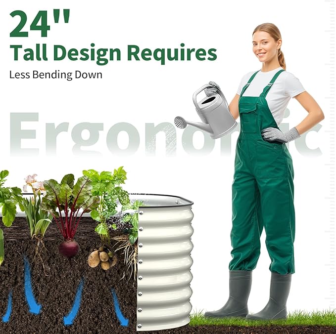 Kesfitt Raised Garden Bed Outdoor, Galvanized Steel Metal Raised Bed Planter for Vegetables & Garden, 24-Inch Deep Open Bottom Backyard Bed 8x4x2 ft, Pearl White