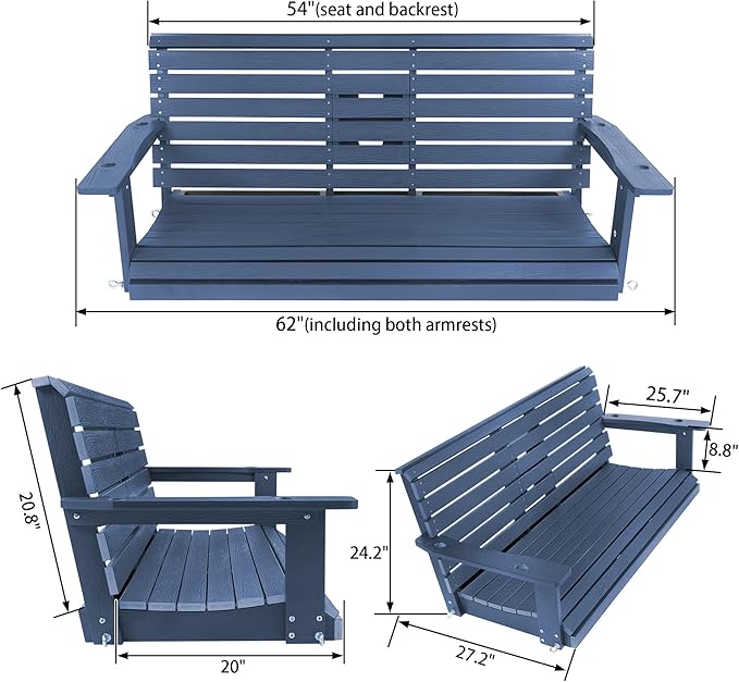 Poly Lumber 3-Seat Porch Swing, HIPS 5-Feet Bench Swing with Foldable Cup Holders,18/8 Stainless Steel Hardware, High Backrest and Deep Contoured Seat (Navy Blue, 5-feet)