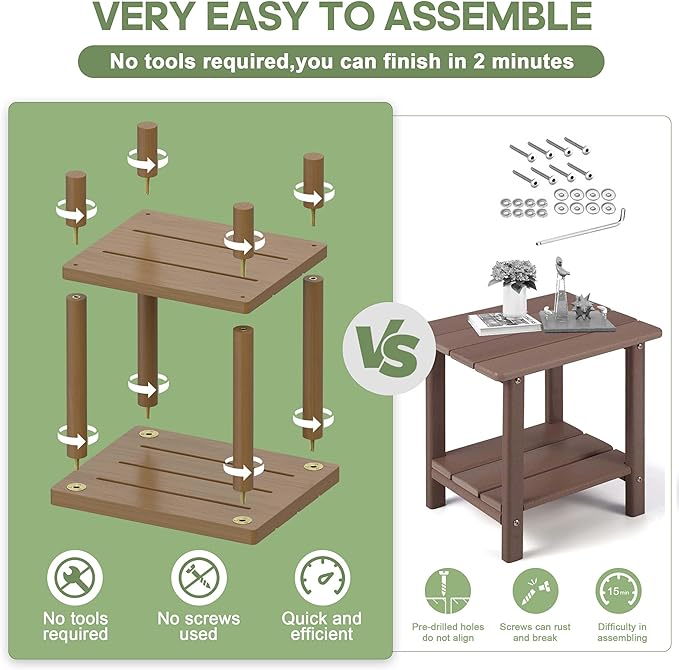 Outdoor Side Table, 2-Tier Small Outdoor Table for Patio, Adirondack Side Tables for Outside or Indoor, Bamboo End Table for Pool, Porch, Weather Resistant Easy Maintenance,Brown