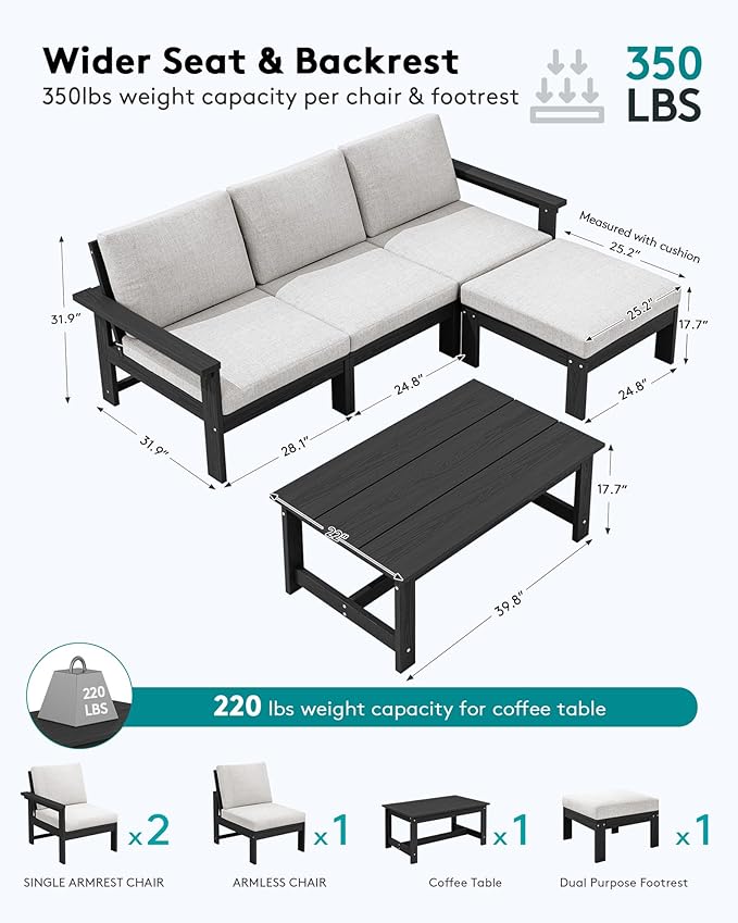 SERWALL Outdoor Sectional Sofa Set, 5-piece Outdoor Modula Couch Set with Ottoman, All Weather Patio Furniture Set with Chaise for Deck, Lawn, Black Frame with Khaki Cushion