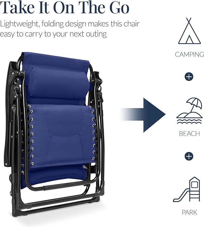 Best Choice Products Oversized Padded Zero Gravity Chair, Folding Outdoor Patio Recliner, XL Anti Gravity Lounger for Backyard w/Headrest, Cup Holder, Side Tray, Polyester Mesh - Cobalt Blue