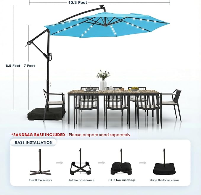 wikiwiki 10ft Solar LED Patio Umbrella with Base Included, Offset Umbrella with Weighted Sandbag Base, Cantilever Patio Umbrellas for Backyard, Garden & Deck, 32 LED Lights & Polyester Shade, Sky Blue