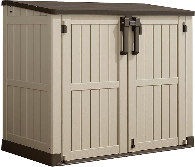 LHBcraft Waterproof Outdoor Storage Box 36 Cu Ft with Lockable Doors, Portable Horizontal Resin Storage Shed, Easy to Assemble, Outdoor Storage Cabinet for Backyards, Brown-Beige