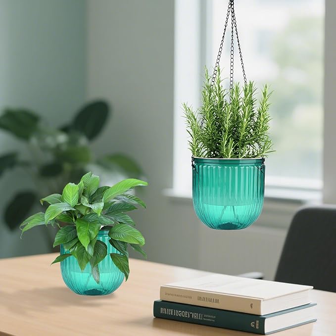 4 Pack Self Watering Hanging Planters with Drainage Holes –Hanging planters for Indoor Plants, Flowers, Succulents – Lightweight, Durable Hanging Baskets Green