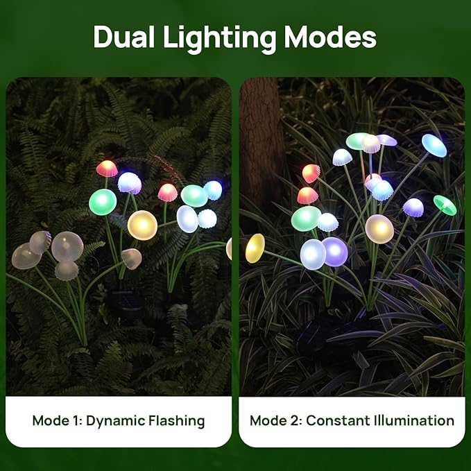 Solar Garden Lights, 2-Pack Dual Mode LED Solar Mushroom Lights, Waterproof Firefly Outdoor Decor for Yard, Patio, and Pathway – Colorful Jellyfish Ambiance