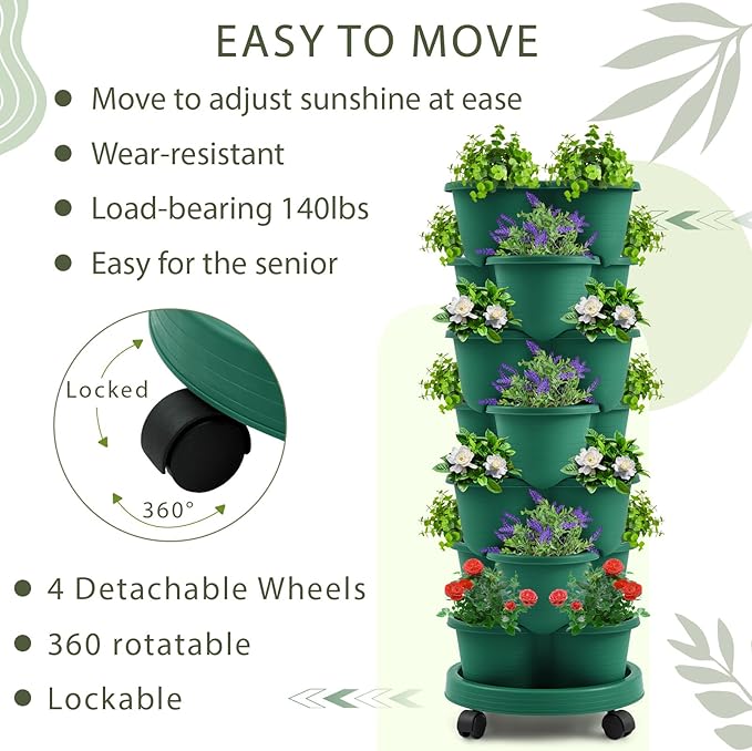 Umigy 2 Set Dark Green 7 Tier Stackable Vertical Planters with Removable Wheels and Tools Tower Planters Strawberry Herb Flower Vegetable Pots Indoor Outdoor Gardening Pots