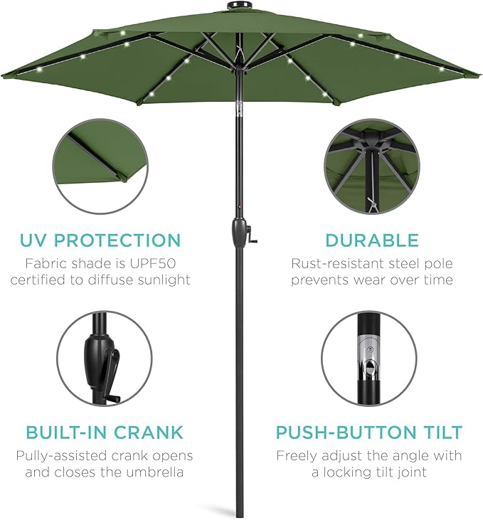 Best Choice Products 7.5ft Outdoor Solar Market Table Patio Umbrella for Deck, Pool w/Tilt, Crank, LED Lights - Fern