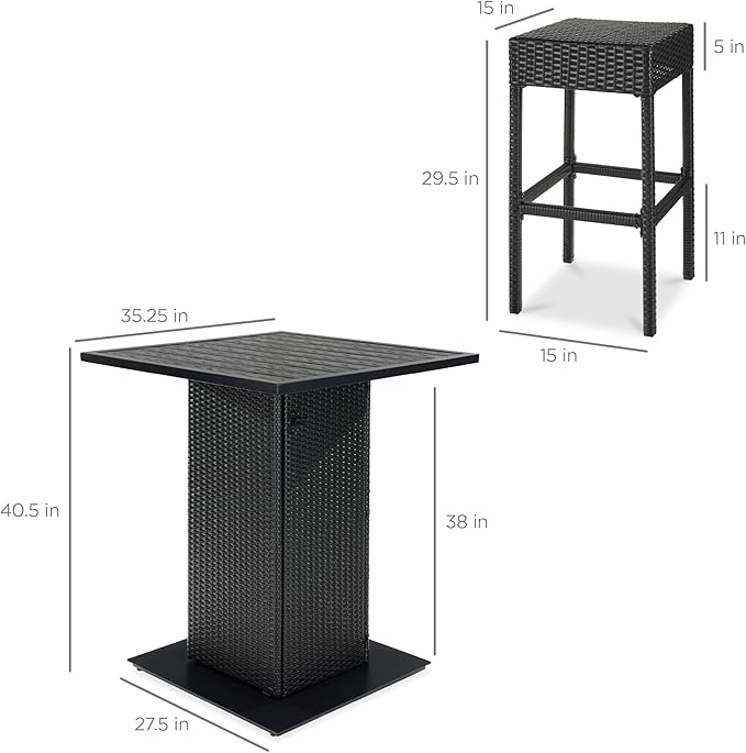 Best Choice Products 5-Piece Outdoor Wicker Bar Table Set for Patio, Poolside, Backyard w/Built-in Bottle Opener, Hidden Storage Shelf, Metal Tabletop, 4 Stools - Black