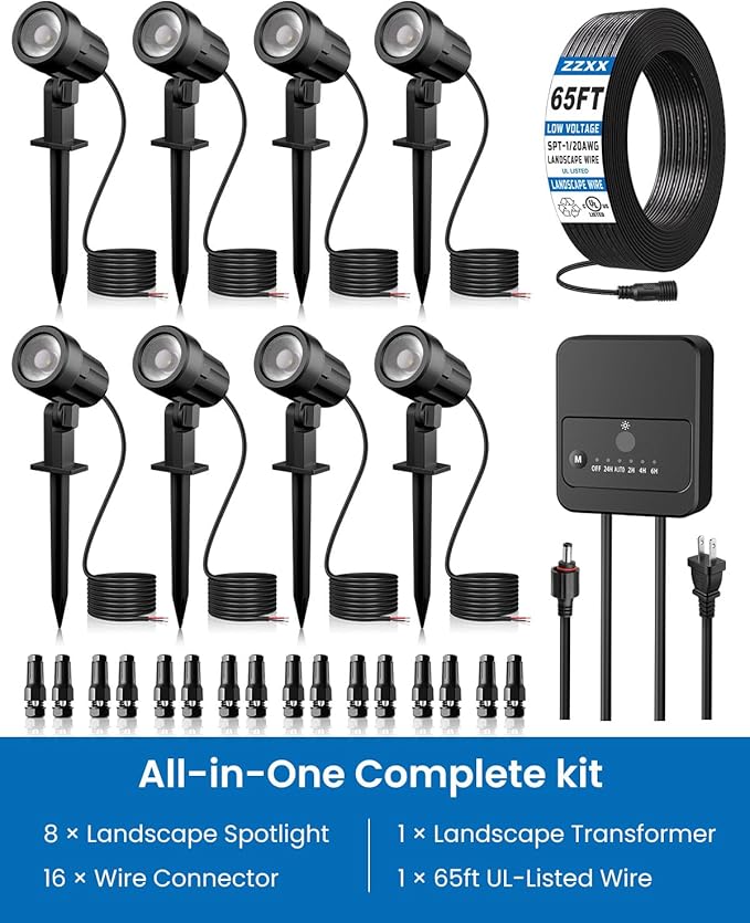 ZZXX 8 Pack Low Voltage Landscape Lights with Transformer and 65FT Wire 12-24V LED Landscape Lighting Kit 2700K Waterproof Landscape Spotlights with Connectors for House Yard Tree Garden