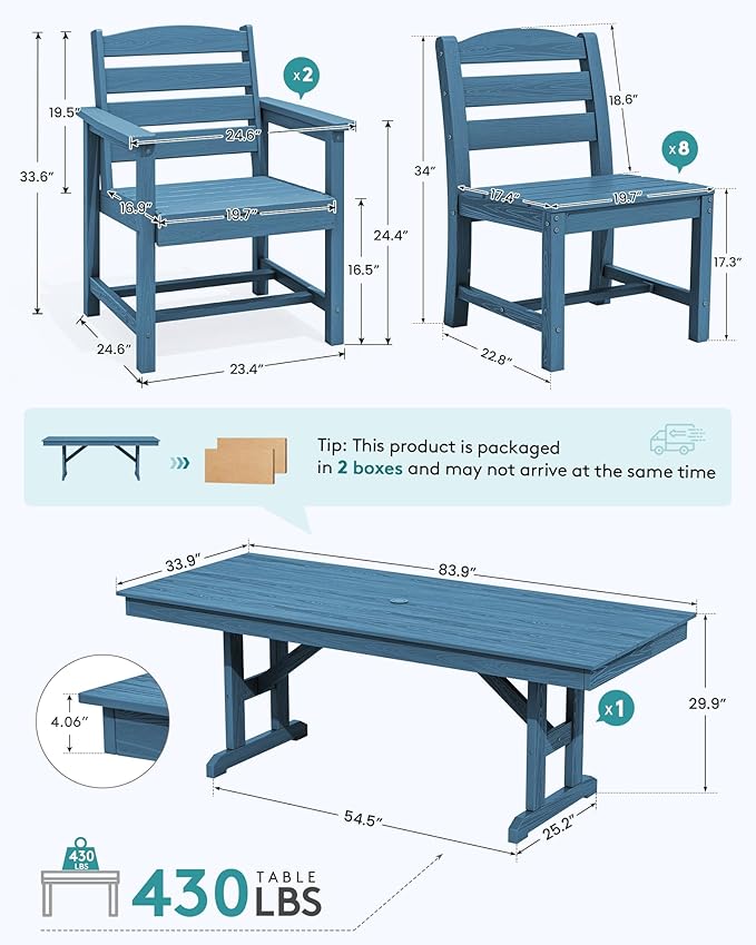 SERWALL 11 Piece Outdoor Dining Set, 84" HDPE Outdoor Table and Chairs for 10，All Weather Patio Furniture Set with Umbrella Hole for Backyard, Garden, Blue