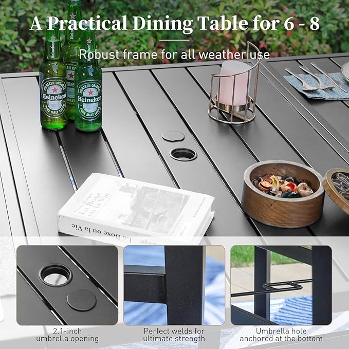 9 Pieces Patio Dining Set, 8 x Woven Rattan Chairs with Waterproof Cushion, 83" Rectangular Metal Dining Table with Umbrella Hole, Outdoor Table and Chairs Set for Backyard Lawn and Deck, Beige