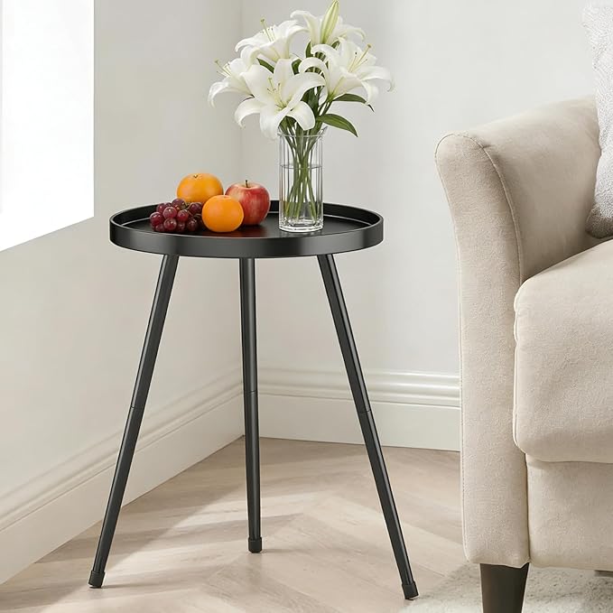 Small Round Side Table Metal End Table Outdoor Black Side Table Mid-Century Modern Accent Table for Office Bedroom Balcony and Small Spaces.