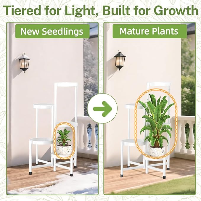 iDavosic.ly Plant Stand Indoor Outdoor, 5 Tier Corner Metal Flower Display Holder Shelf, Easy Assembly Folding Tall Orchid Rack for Patio Balcony Porch Garden Living Room House, White