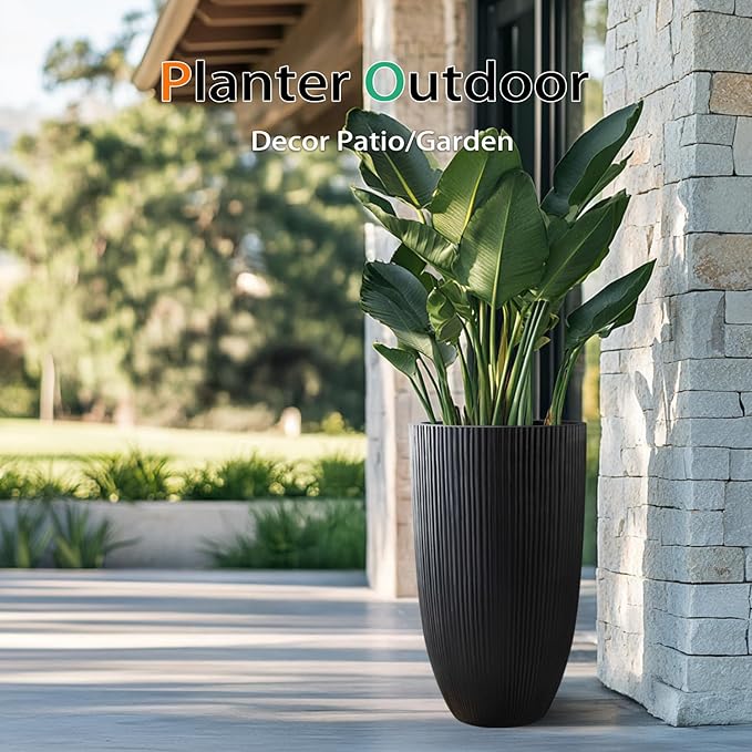 Tall Planters for Outdoor Plants, Large Concrete Flower Pots for Garden Front Porch, Patio, Indoor (Vertical Black)
