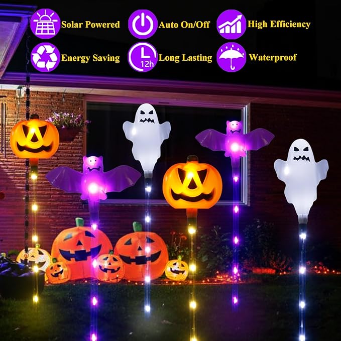 Halloween Decorations Outdoor Solar Pumpkin Bat Ghost Garden Stake Lights, 6-Pack 8 Modes Solar Halloween Lights Waterproof for Outside Home Patio Yard Pathway Grave Lawn Porch Party Decor