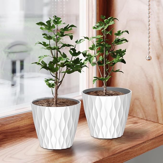 6 Pack 7 Inch Indoor Plant Pots with Drainage Holes, Outdoor Plastic Decorative Flower Pots, Garden Planters with Tray Saucers for Orchids, Violets, Succulents, Herbs, and Other Plants
