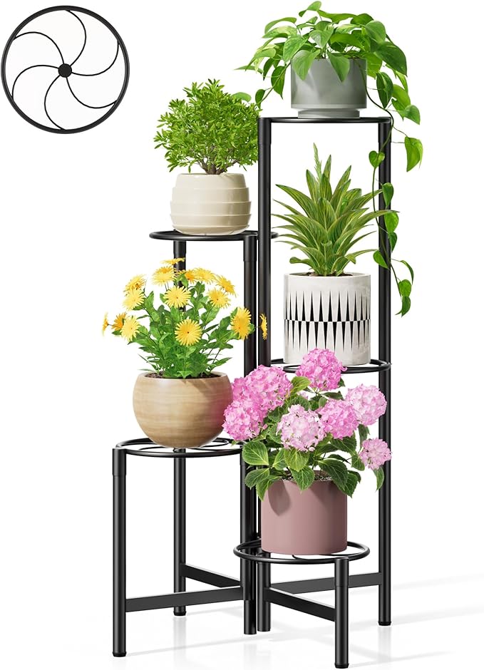 Corner Plant Stand Indoor Outdoor Tall Metal Flower Pot Stands for Multiple Plants 5 Tier Heavy Duty Plant Shelf for Patio Garden Balcony Living Room Bedroom Black Kite