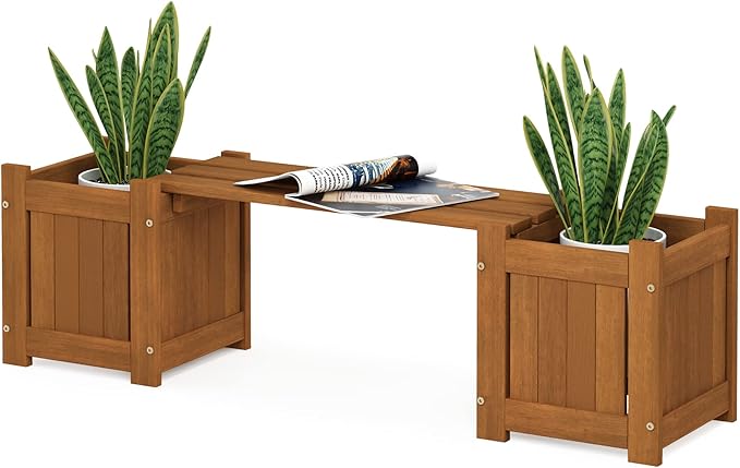 Furinno Tioman Hardwood Mini Outdoor Planter Box with Bench for Garden Plant