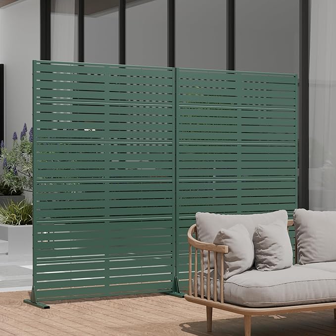 Casaphoria Metal Privacy Screen Outdoor, 72" H x 47" W Freestanding Decorative Privacy Screen for Patio Deck Balcony Garden with Stable Base, Green Louvered