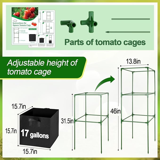 ANPHSIN 3 Sets Tomato Cages with 17 Gallon Grow Bags - 46'' Heavy-Duty Plant Support Trellis Tomato Planter Pots Kit, Garden Vegetables Cucumber Flowers Vertical Climbing Plants Vines