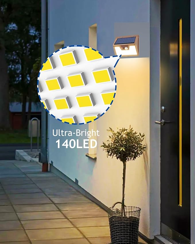 Peasur Solar Lights Outdoor Motion Sensor Waterproof, 8 Pack 140LED Brown Solar Powered Fence Light, 3 Modes Security Wall Lights for Garden Yard Outside(Warm White)