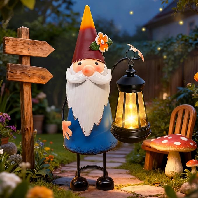 Solar Garden Gnome Statue with Lights,14.56in Tall Solar Gnome Garden Sculptures, Birthday Gift for Woman Grandma Big Metal Decorative for Outdoor Patio Porch Ornaments Lawn Yard Balcony