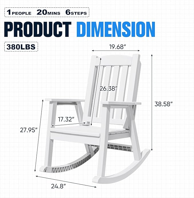 Devoko PP Material Rocking Chair Outdoor Indoor All Weather High Back Patio Rocker for Adult Heavy Duty Rocking Chair for Patio Backyard Porch Garden (Heavy Duty, White)