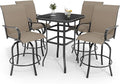 5 PCS Outdoor Bar Set with Outdoor Bistro Table and Chairs Set of 4, Bar Height Outdoor Dining Set, All Weather Mental Textilene High Swivel Bar Stools Chair Set of 4 and High Glass Bar Table