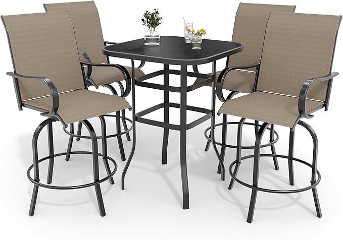 5 PCS Outdoor Bar Set with Outdoor Bistro Table and Chairs Set of 4, Bar Height Outdoor Dining Set, All Weather Mental Textilene High Swivel Bar Stools Chair Set of 4 and High Glass Bar Table