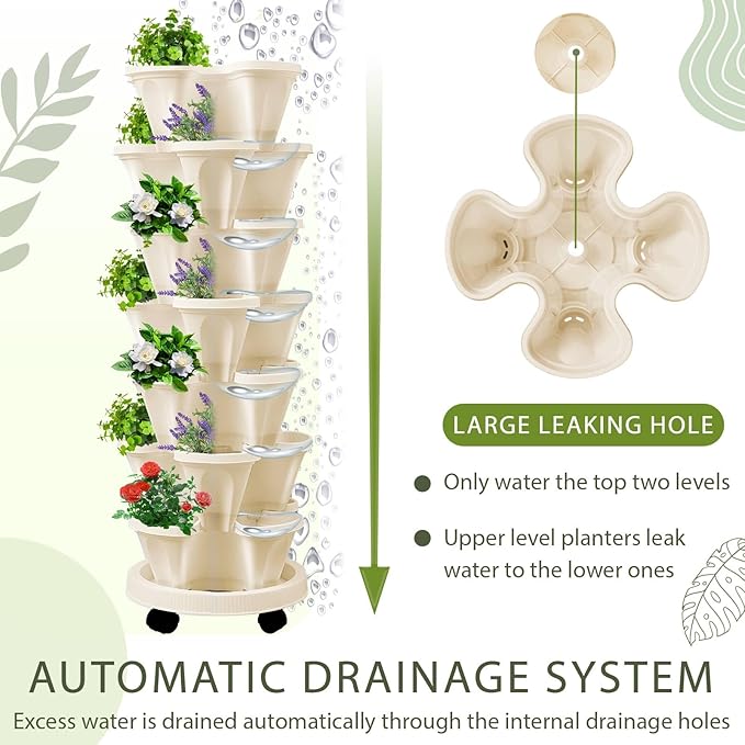 Umigy 2 Set of 7 Tier Vertical Planter Stackable Tower Planters Strawberry Herb Flower and Vegetable Pots Indoor Outdoor Gardening Pots with Removable Wheels and Tools(Beige)