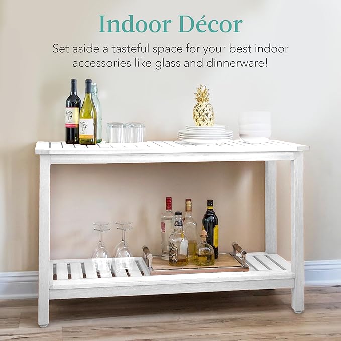Best Choice Products 48in 2-Shelf Eucalyptus Wooden Console Table Indoor Outdoor Multifunctional Buffet Bar Storage Organizer w/Foot Sliders - White